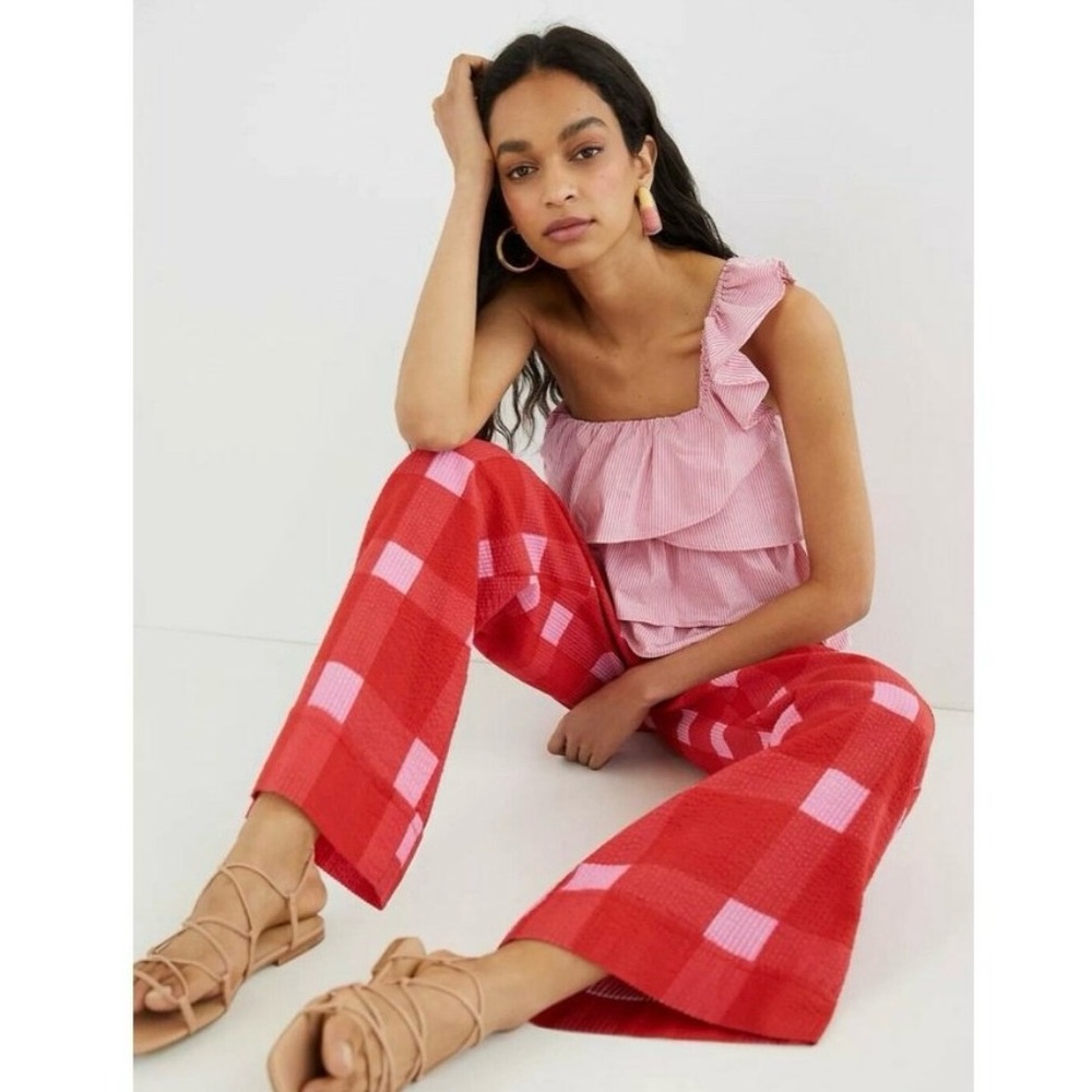 Anthropologie Porridge Red Preppy Plaid Wide-Leg Pants Womens High-Waist Size L